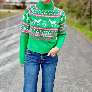 THML Green and Pink Horse Patterned Women's Sweater
